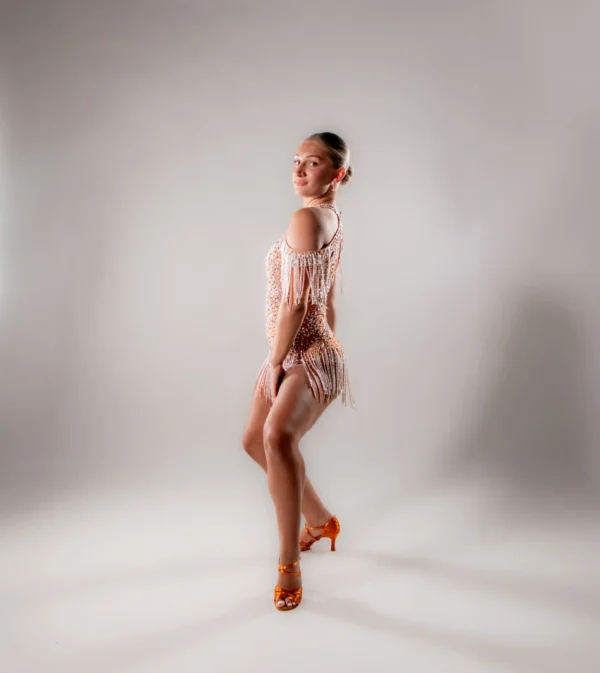 Peach Nude Crystal Fringe Latin Dance Dress - Image 3