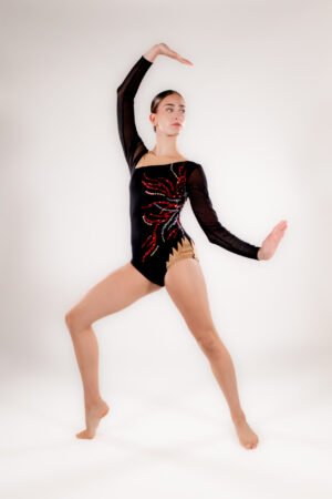 "Inferno Noir“ Black & Gold Competition Leotard with Hand Embroidery