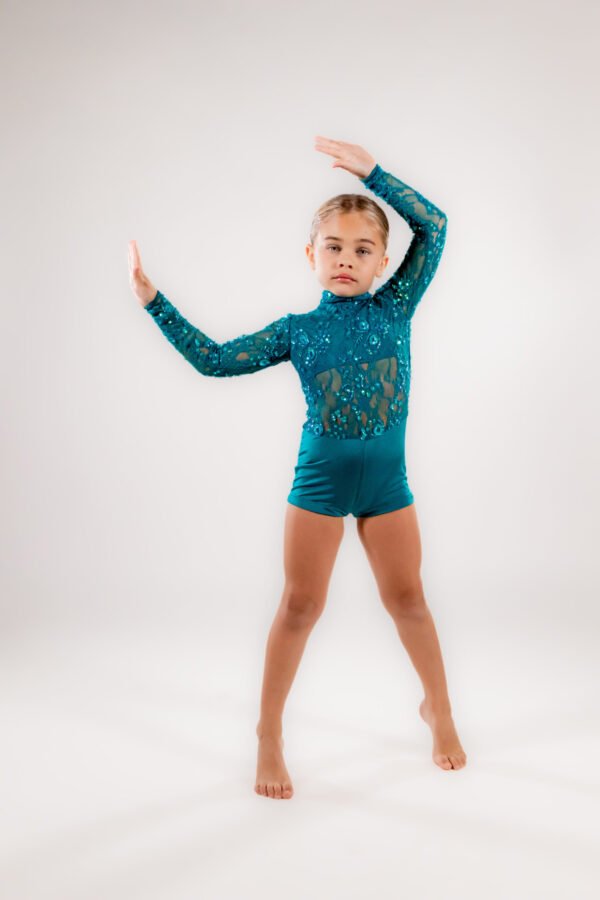 Girls' Teal Sequin Mesh Long Sleeve Dance Costume – Open Back Detail