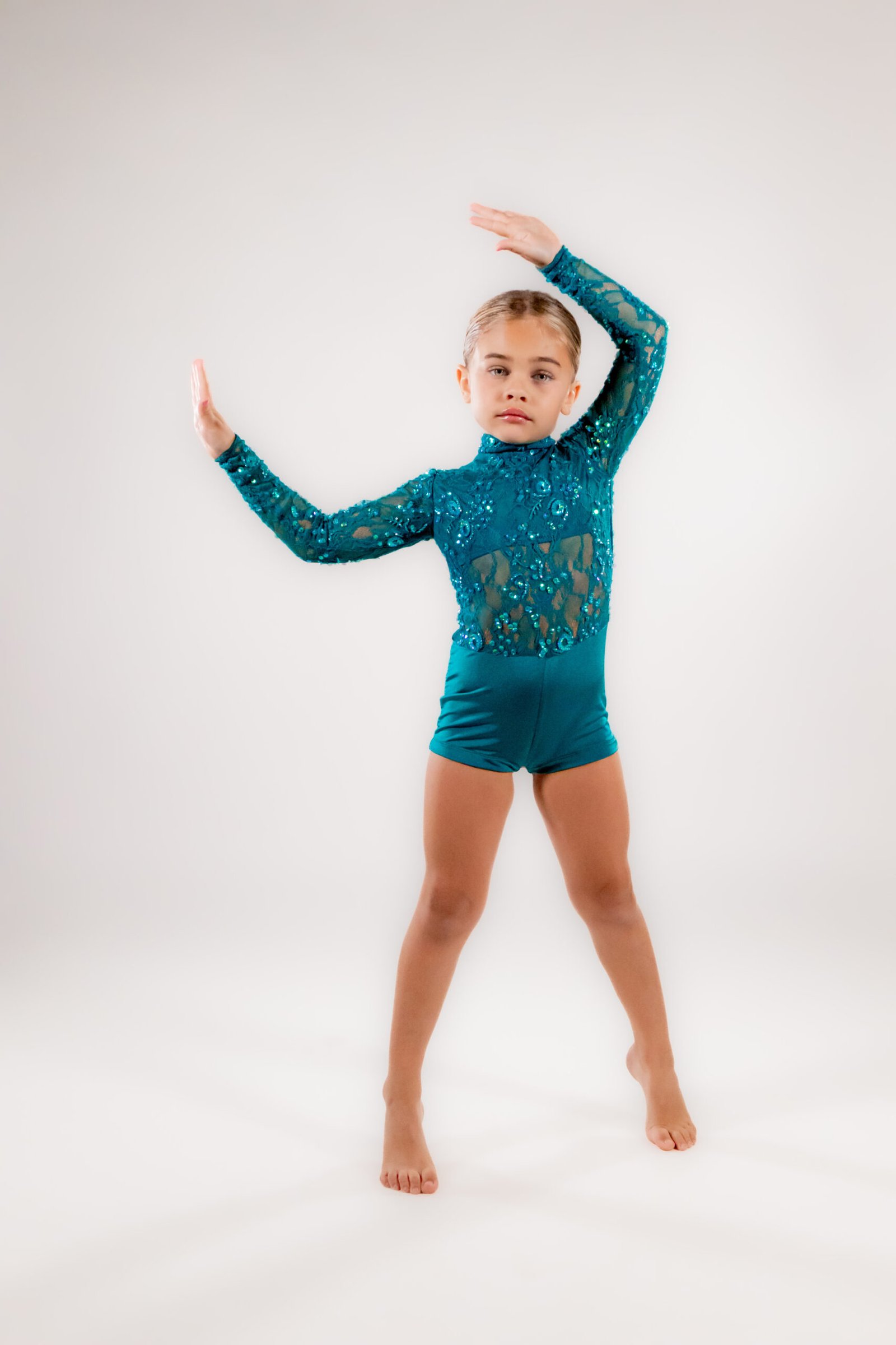 Girls' Teal Sequin Mesh Long Sleeve Dance Costume – Open Back Detail