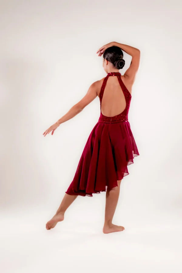 Deep Red Sequin Halter Dance Dress - Image 2