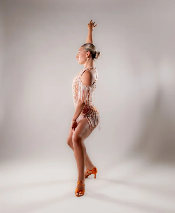 Peach Nude Crystal Fringe Latin Dance Dress - Image 6