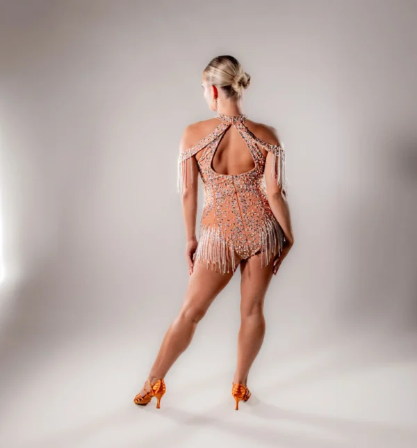 Peach Nude Crystal Fringe Latin Dance Dress - Image 5