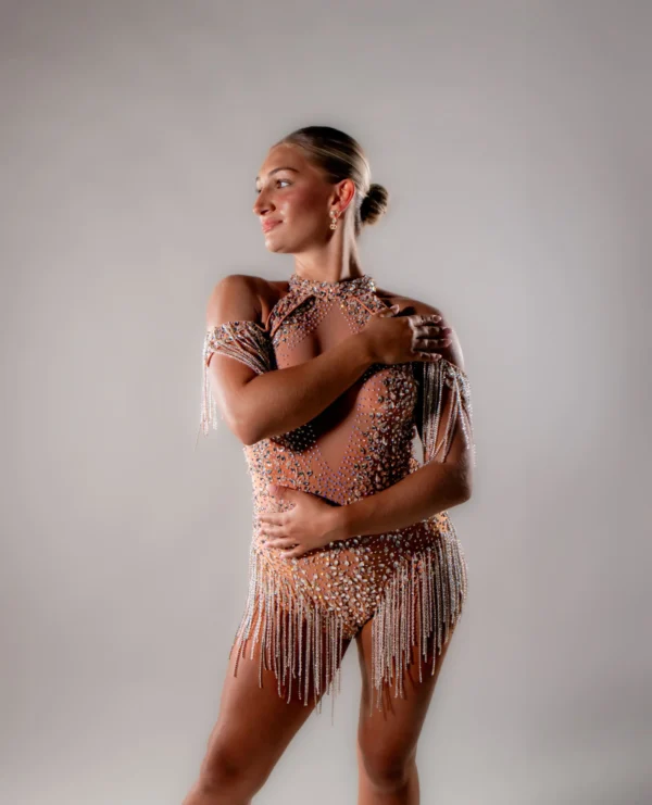 Peach Nude Crystal Fringe Latin Dance Dress - Image 4