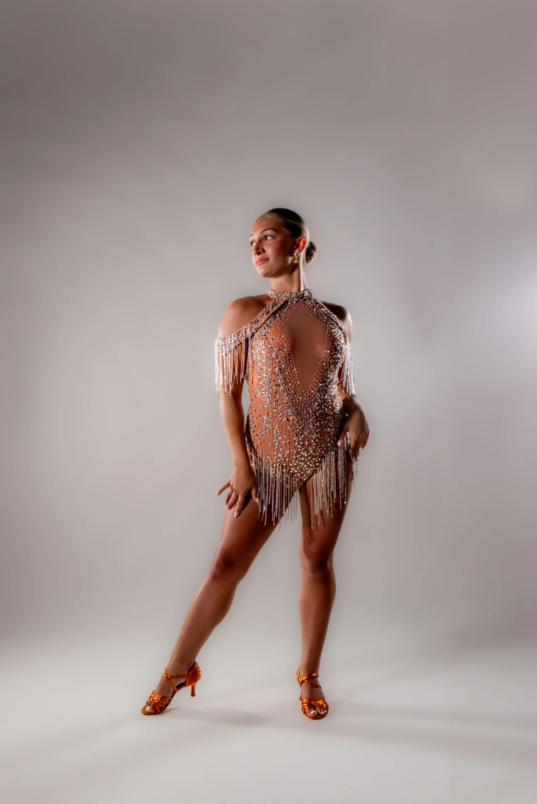 Peach Nude Crystal Fringe Latin Dance Dress