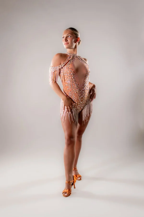 Peach Nude Crystal Fringe Latin Dance Dress - Image 7